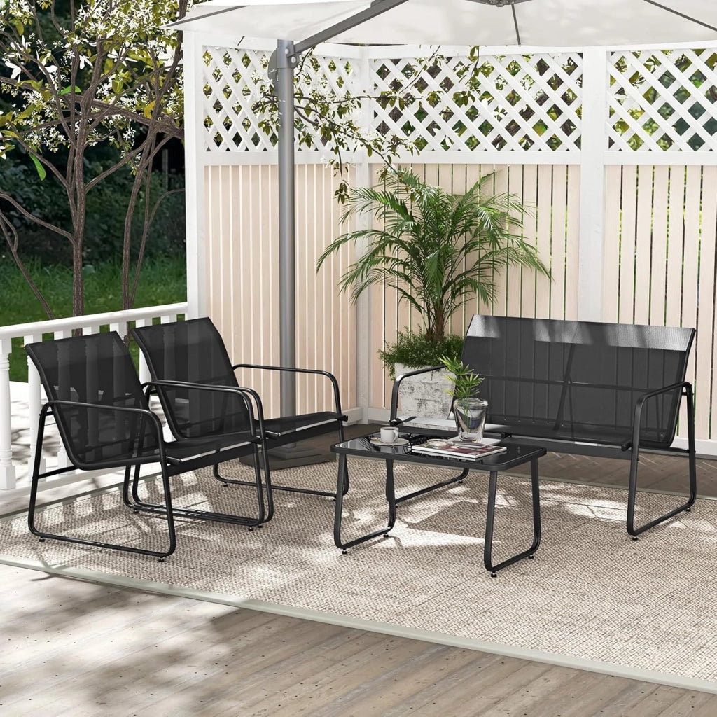 Set di mobili da giardino 4 pezzi, tavolino da caffè in vetro temperato, divano a 2 posti, 2 sedie, per 4 persone, tessuto traspirante, mobili per patio, terrazza
