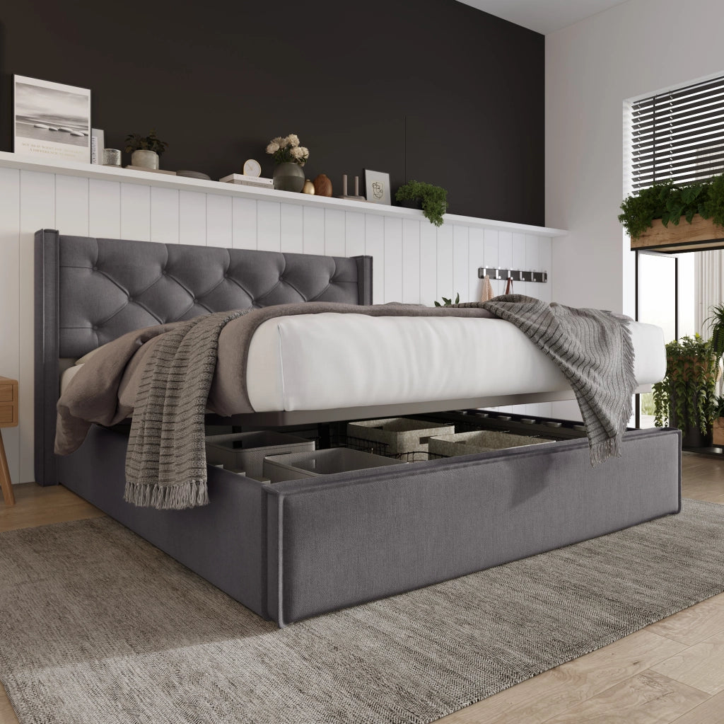 Letto matrimoniale contenitore 160x200 cm in cotone grigio