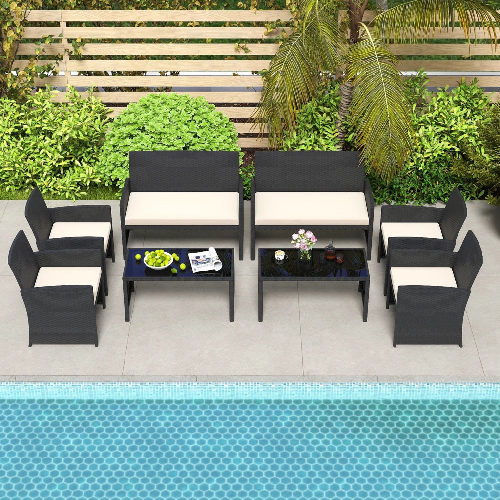 Set Mobili da Giardino 4 Pezzi in Rattan Bianco con Tavolino in Vetro Temperato e Cuscini Sfoderabili, per Esterno Balcone e Terrazzo