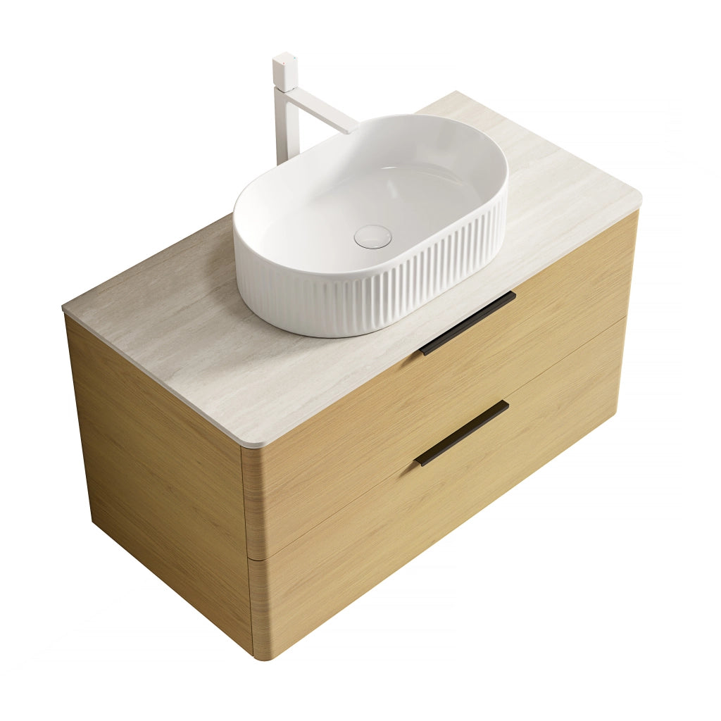 Mobile bagno con lavabo ovale in ceramica e 2 cassetti; top effetto travertino; per bagno; beige rovere bianco