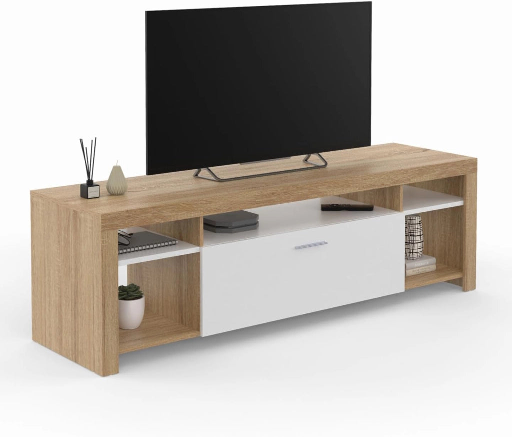 Mueble TV MALO 140 cm en madera y armario blanco