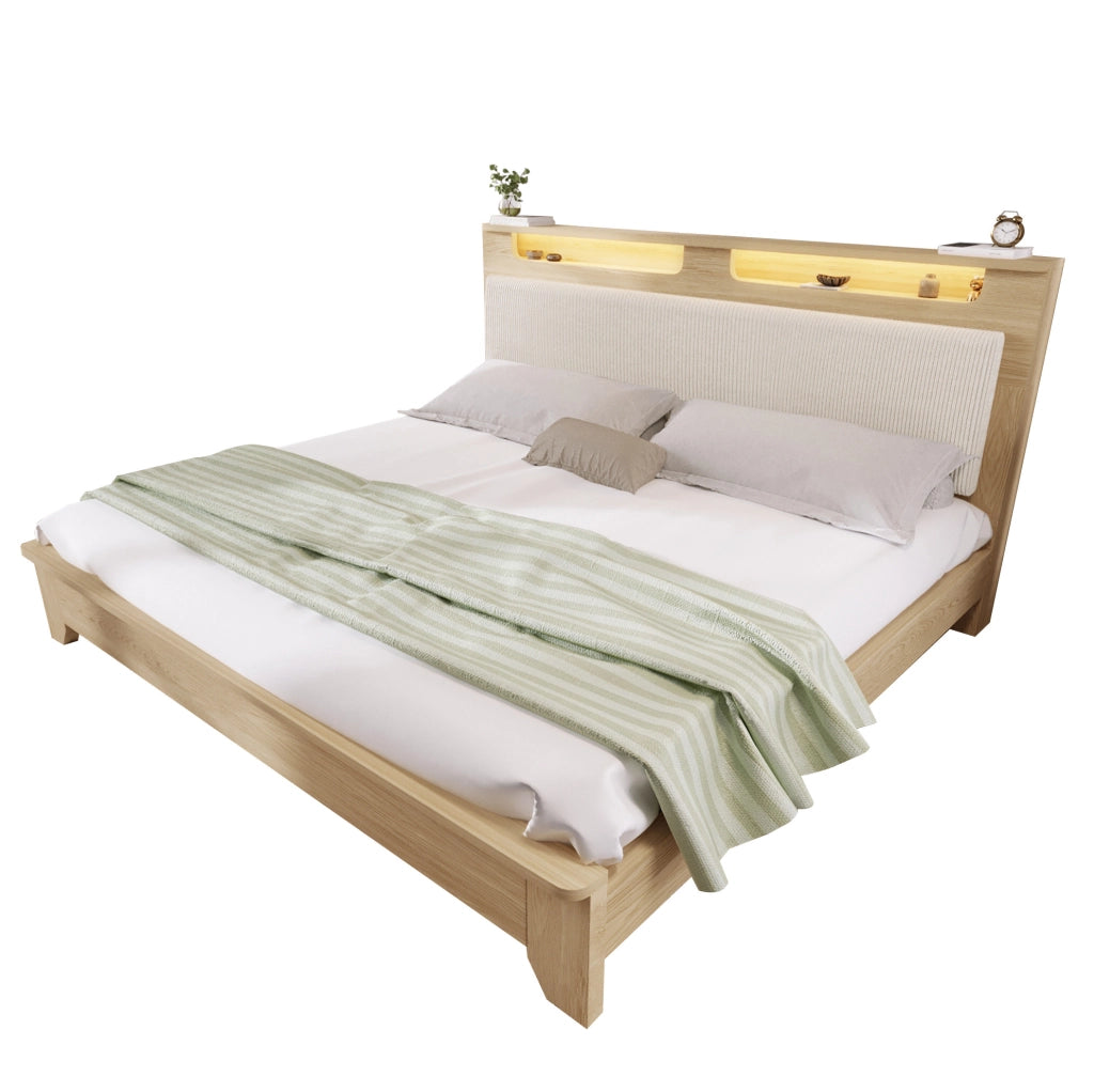 Letto matrimoniale 160x200 cm in effetto rovere chiaro e corduroy beige con LED e contenitore