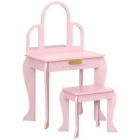 Tavolo per Trucco per Bambine 3-6 Anni con Sgabello, Cassetti e Specchio Coordinato in Acrilico, Rosa