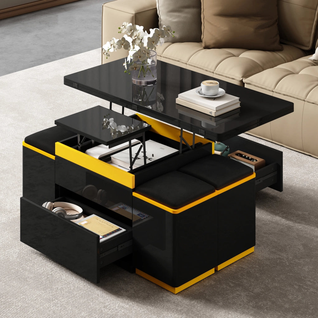 Tavolino da caffè multifunzionale sollevabile e pieghevole 100 x 50 x 43 cm; nero e giallo