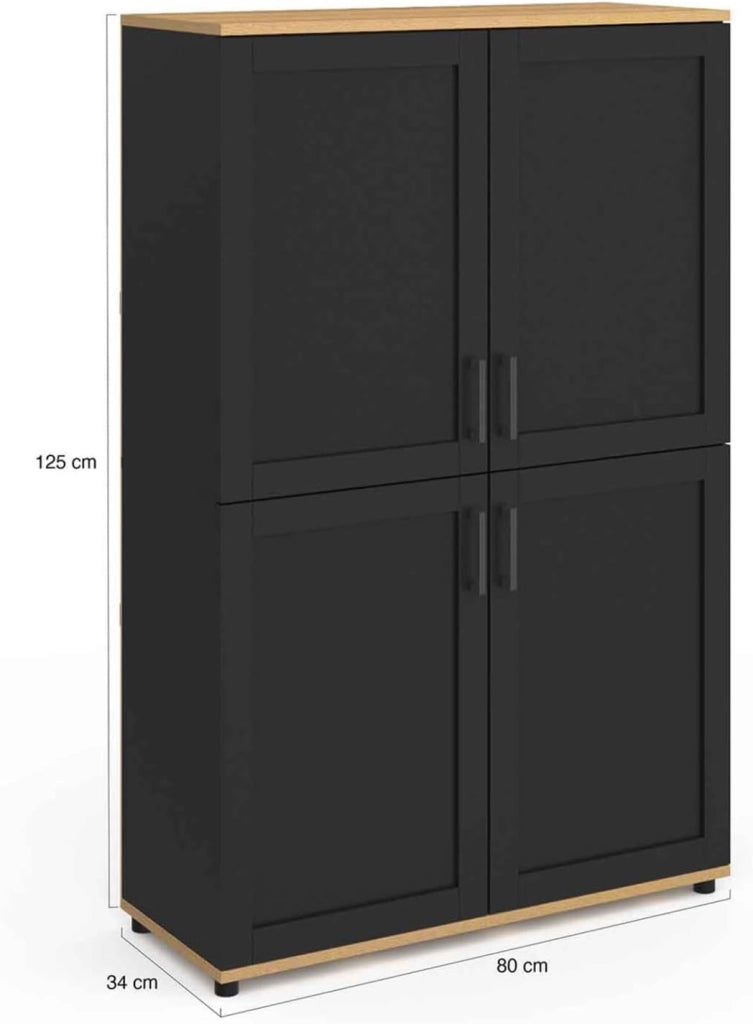 VITO Aparador de 2 puertas, negro y efecto haya H. 125 cm