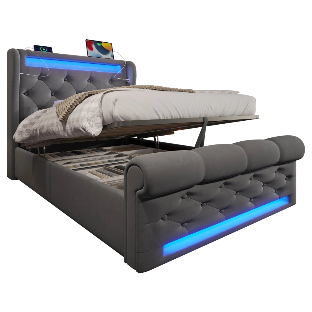 Letto singolo moderno – 90x200 cm – LED USBC contenitore con materasso – velluto grigio