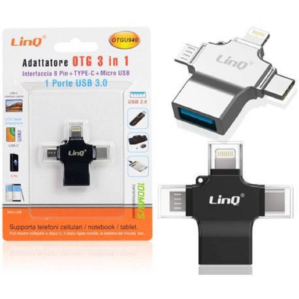 Trade Shop - Adattatore Otg 3in1 Da Lightning Type-c Micro Usb A Usb Femmina 100 Mbps Otgu940 -