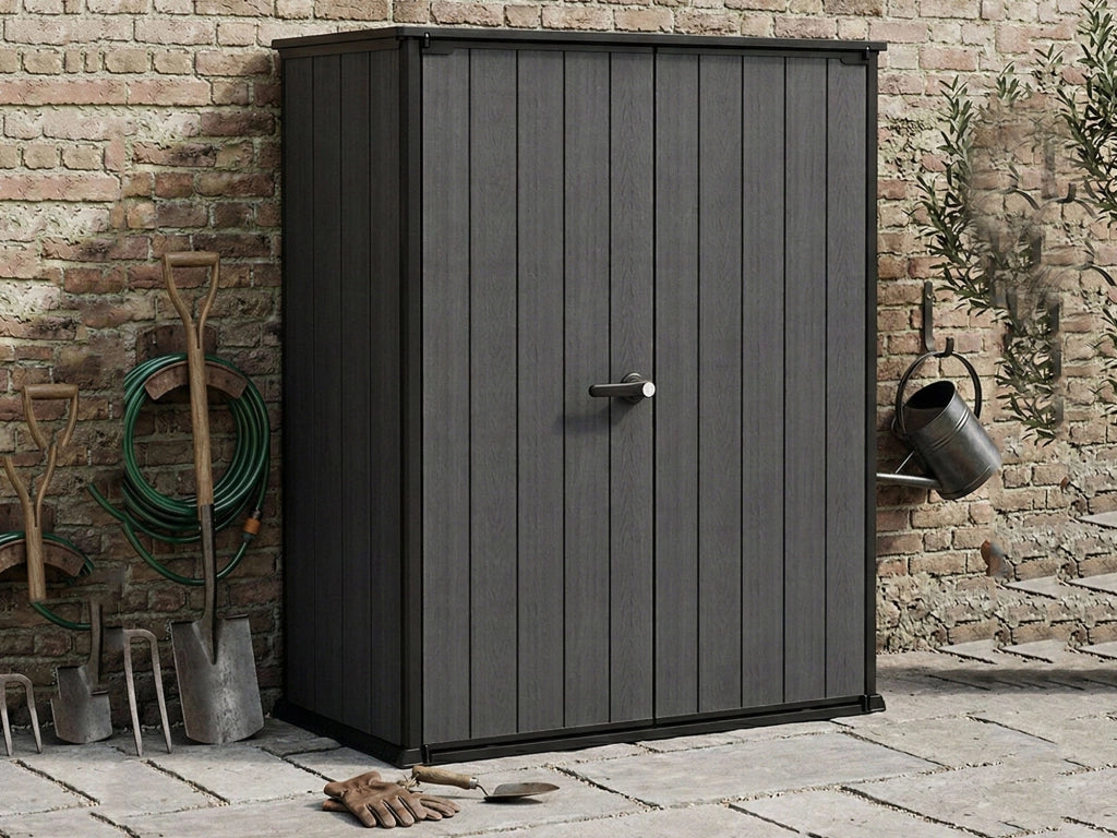 Armadio da esterno Jasper, Mobile outdoor, Mobiletto giardino multiuso, Contenitore per balcone o garage, 140x74 h170 cm, Grigio scuro
