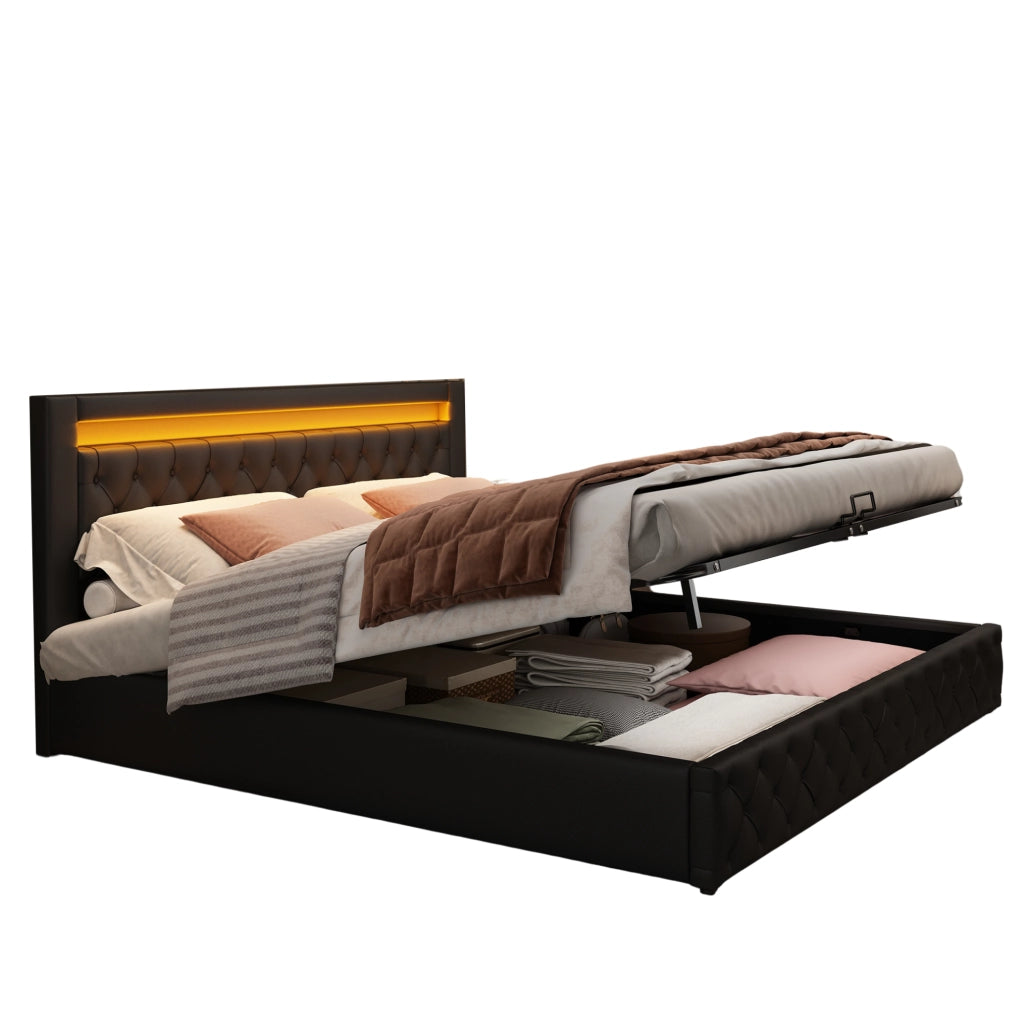 Letto imbottito 140x200 cm con contenitore e LED; PU nero