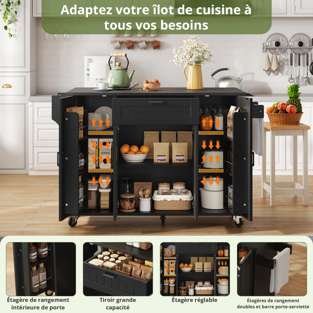 Carrello Da Cucina con 4 Ante 1 Cassetto e Piano Ribaltabile; Portasciugamani Laterali; in MDF; 120x45(70)x95 cm; Nero