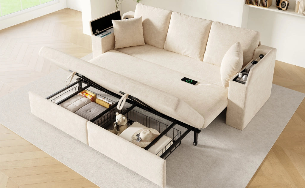 Divano letto modulare a 3 posti con funzione letto, porta USB e Type-C, vani contenitore, in chenille beige
