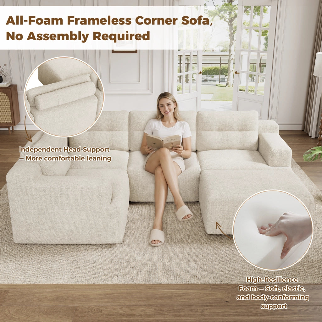 Divano modulare a U componibile con poggiatesta alto e pouf design senza telaio senza montaggio in chenille beige