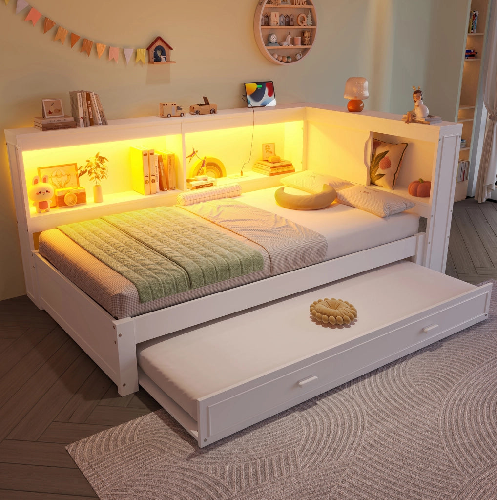 LETTO 90x200 cm con letto estraibile, LED, presa, USB e Type-C, Bianco