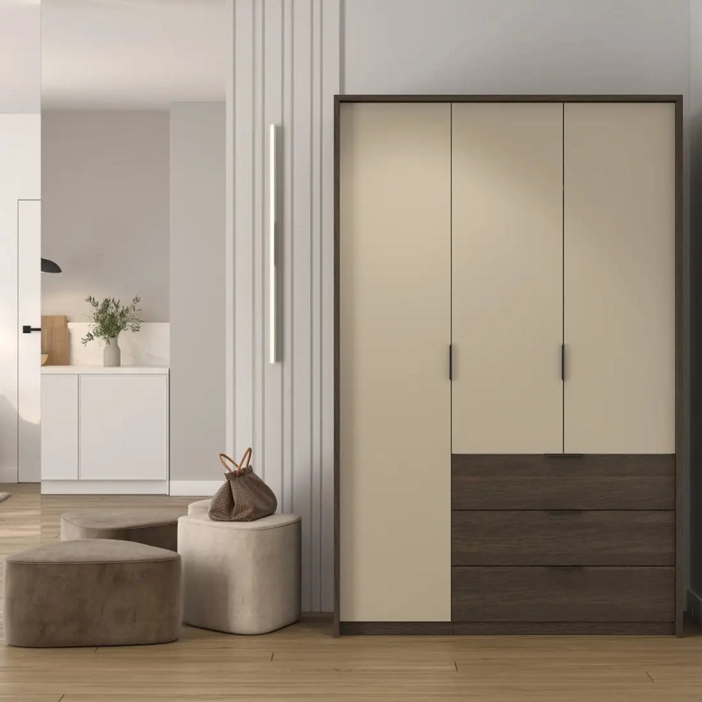 Armadio VALDORA 3 porte con LED e 3 cassetti in rovere scuro e beige 139 cm