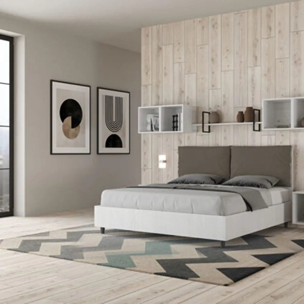 Letto matrimoniale contenitore 160x190 bianco frassino cuscini similpelle cappuccino Egos Antea