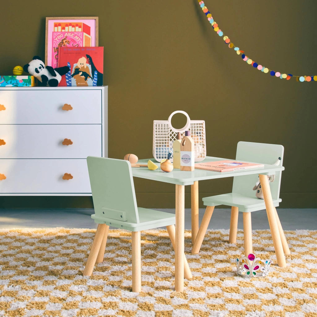 Tavolo quadrato per bambini con 2 sedie, verde