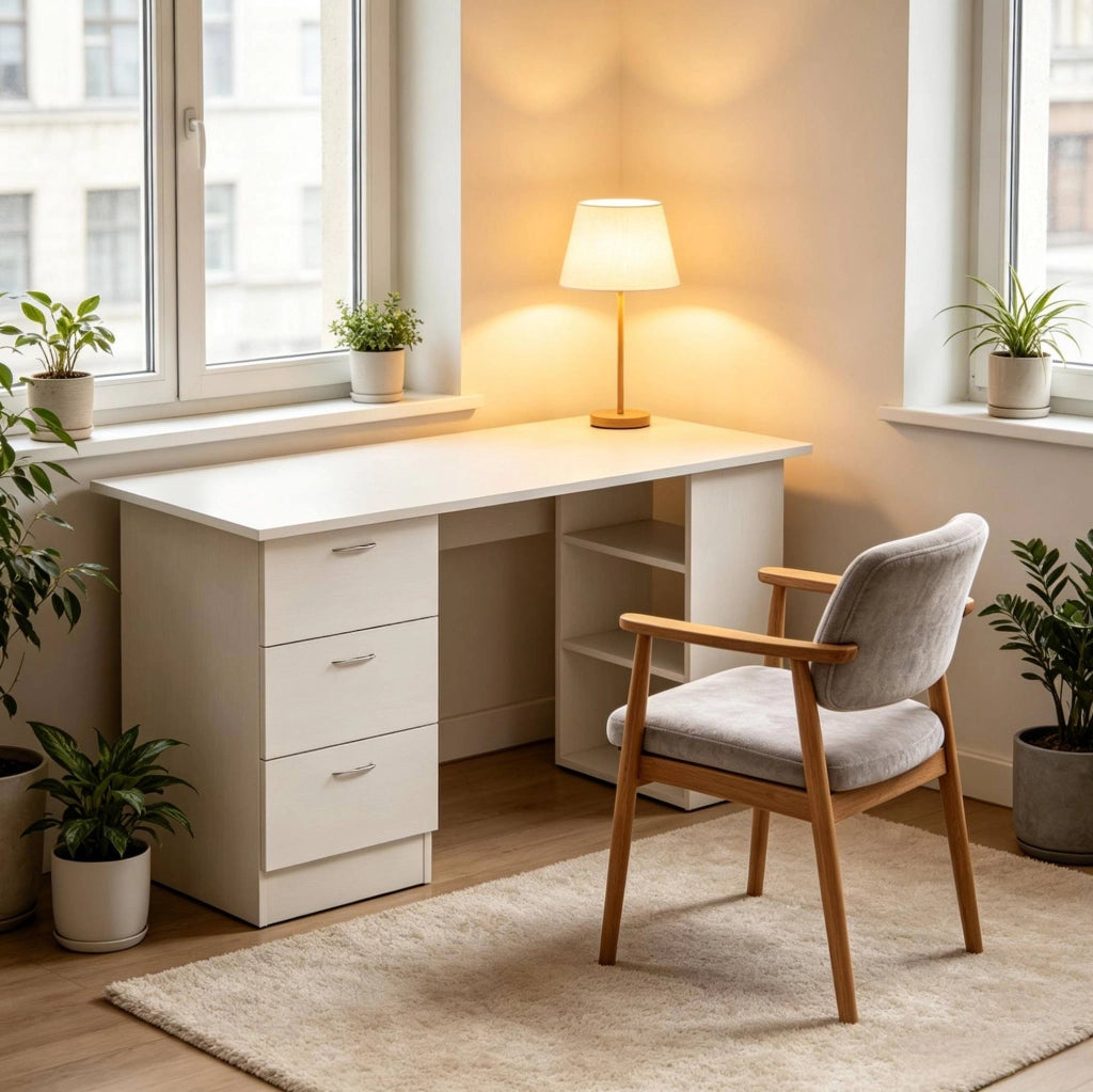 Scrivania per computer in MDF bianco 120x49x72 cm con 3 cassetti e ripiani regolabili