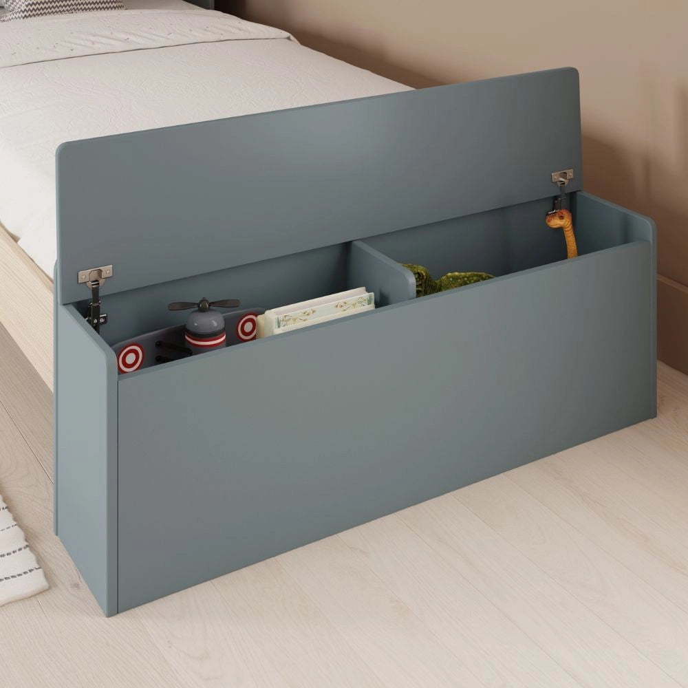 Letto singolo Odessa in legno massiccio con testiera a casetta e pediera contenitore verde cachi e pino 216,5x128,5x153H