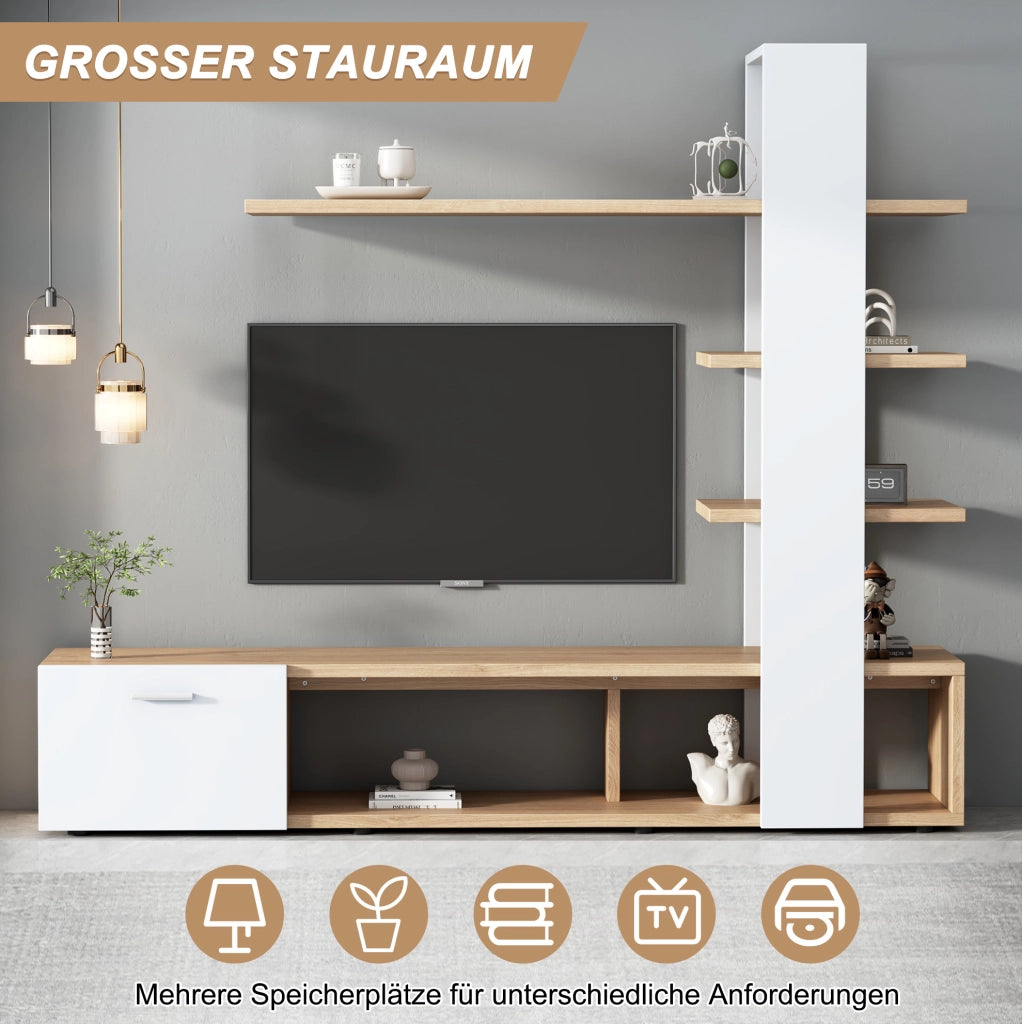 Mobile TV a parete moderno bianco e legno con vani aperti e chiusi