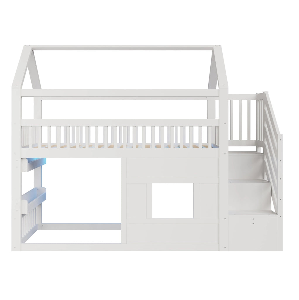 Letto a soppalco 90x200 cm con scala; vani portaoggetti e LED in MDF; legno e compensato bianco