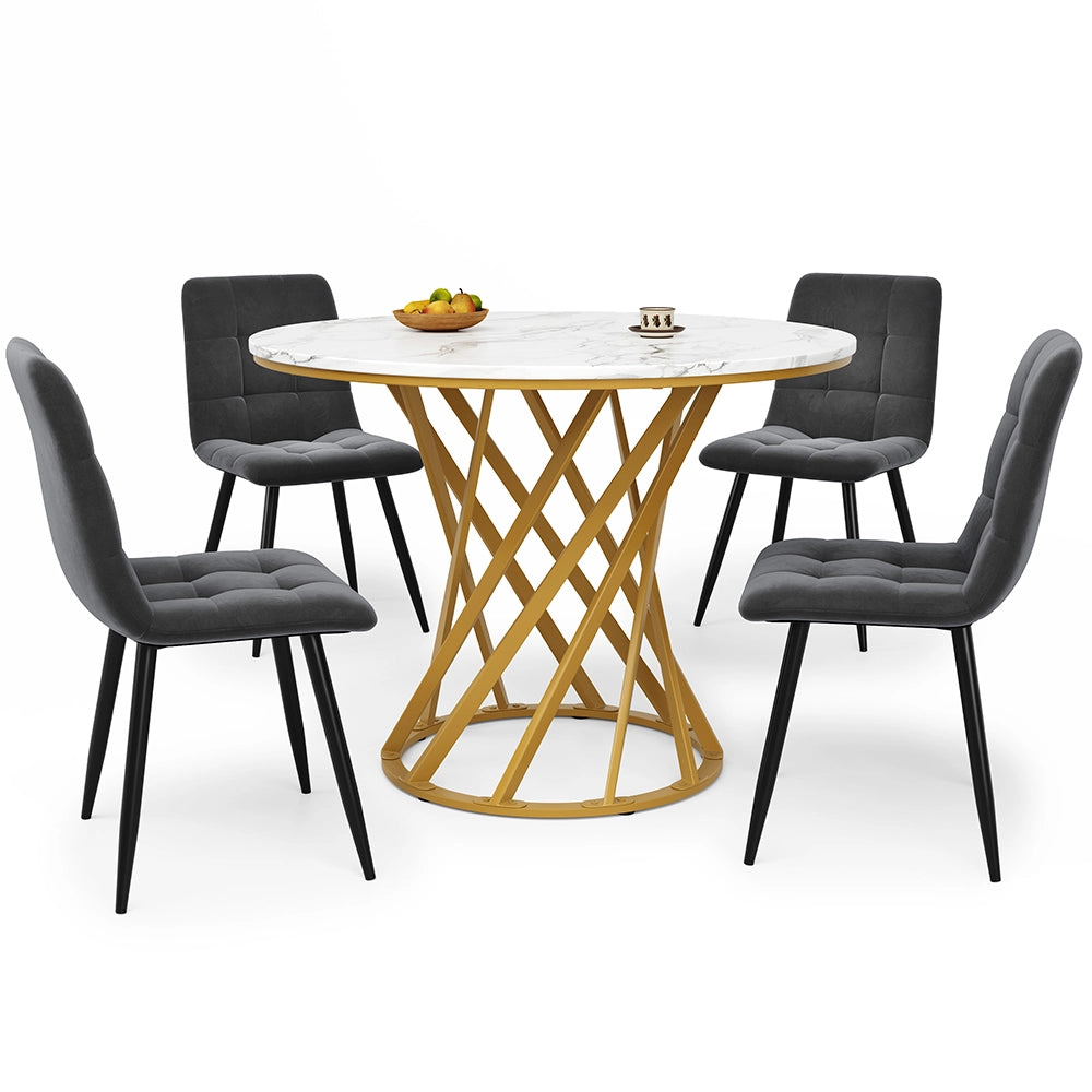 Set tavolo-Xylo-80cm rotondo 4 sedie grigio piedi dorati