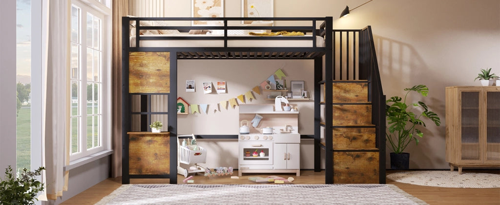Letto a soppalco 90 × 200 cm con scala contenitore, vano aperto, barriera di sicurezza, senza materasso, in metallo e MDF, nero