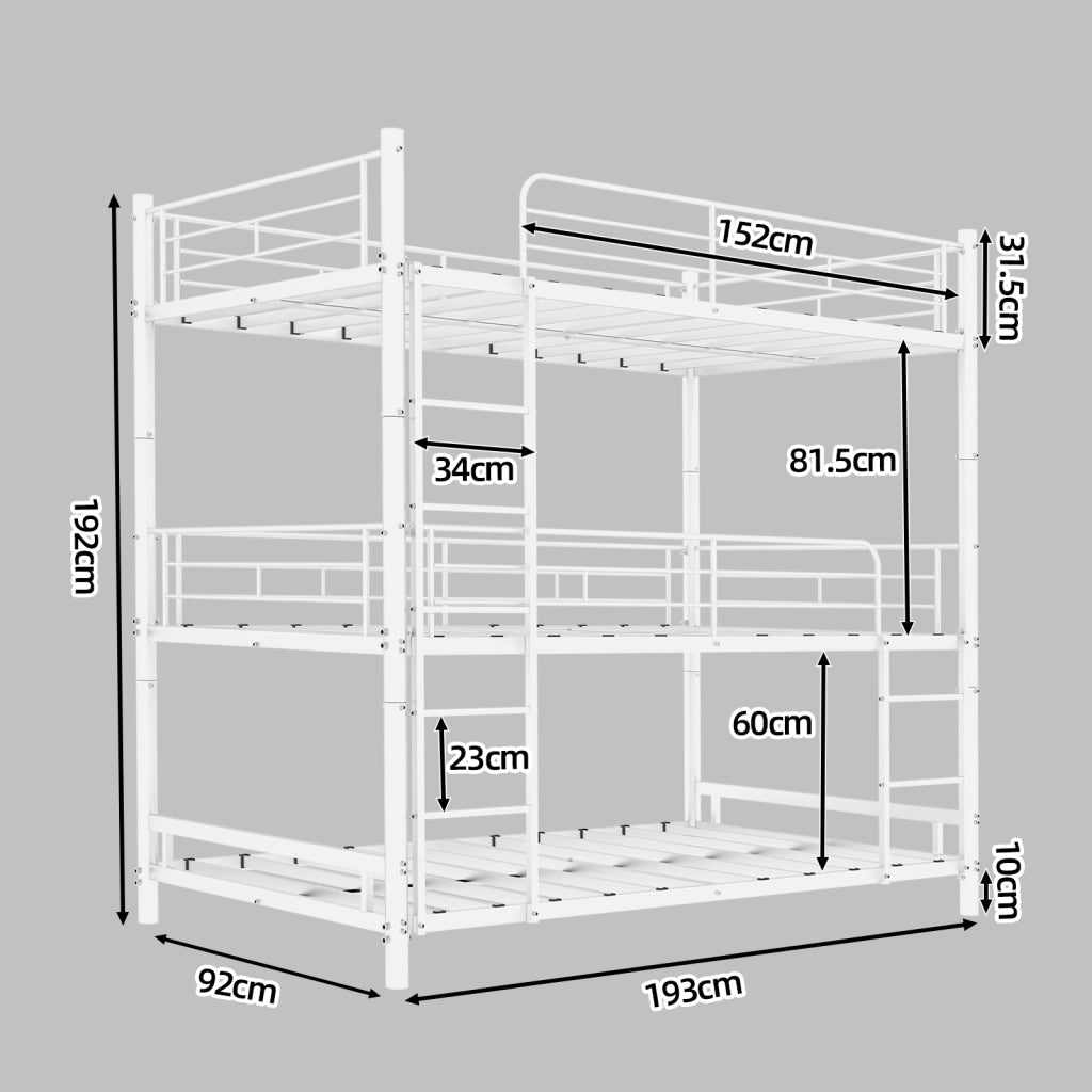 Letto a castello triplo con scala e parapetto continuo in ferro bianco 100x200 cm