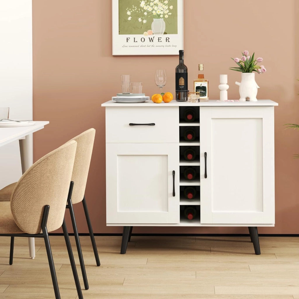 Credenza Buffett da Cucina con 6 Cubi Porta Bottiglie di Vino, Mobile da Cucina con Cassetto, 2 Ante e 2 Ripiani Regolabili, Armadio in Legno Salvaspazio per Soggiorno, 90 x 40 x 79 cm, Bianco