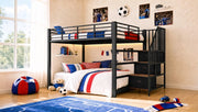 Letto a castello 140x200 cm in metallo e MDF nero con scala contenitore; LED e prese USB
