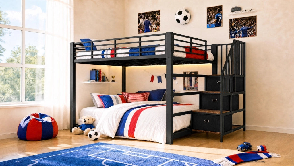 Letto a castello 140x200 cm in metallo e MDF nero con scala contenitore; LED e prese USB