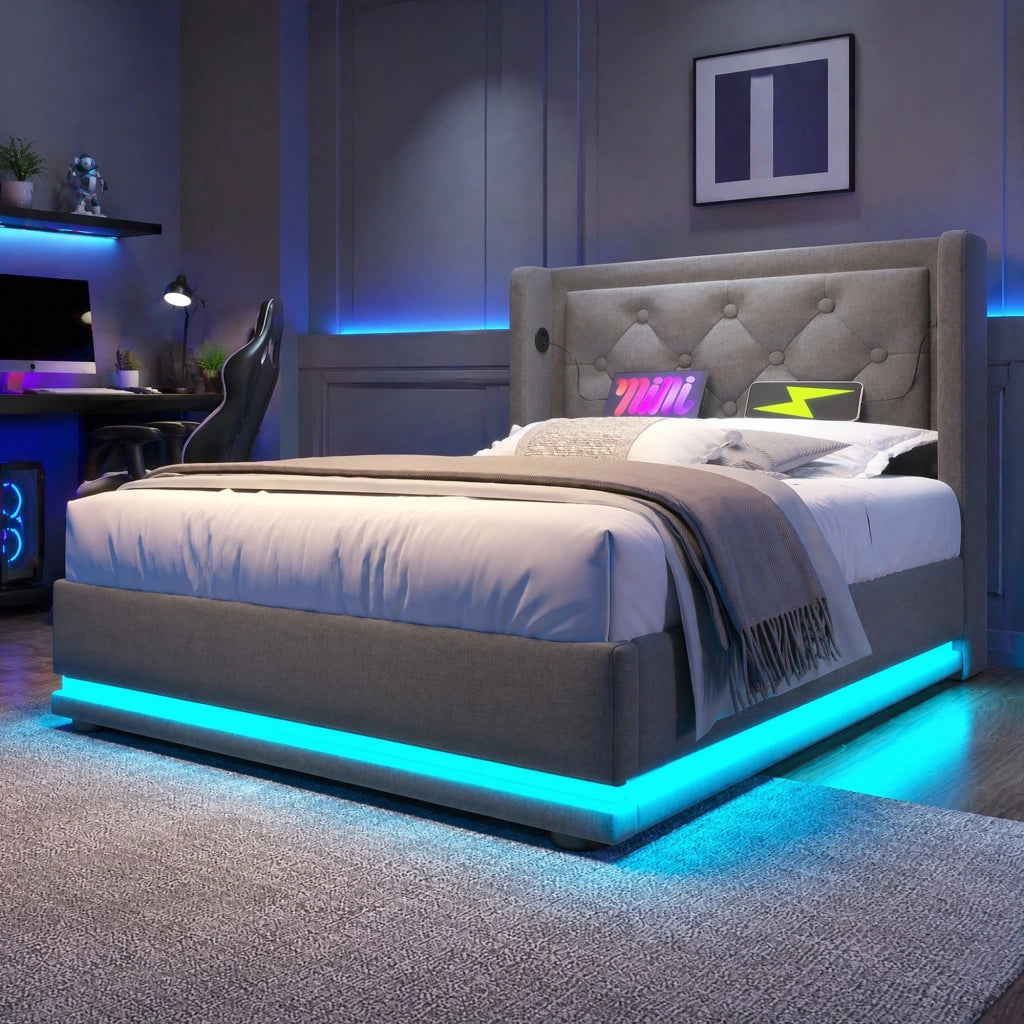 DESMIU Letto contenitore 90 × 200 cm 1 piazza con LED, USB e Type-C, con materasso, in cotone, grigio