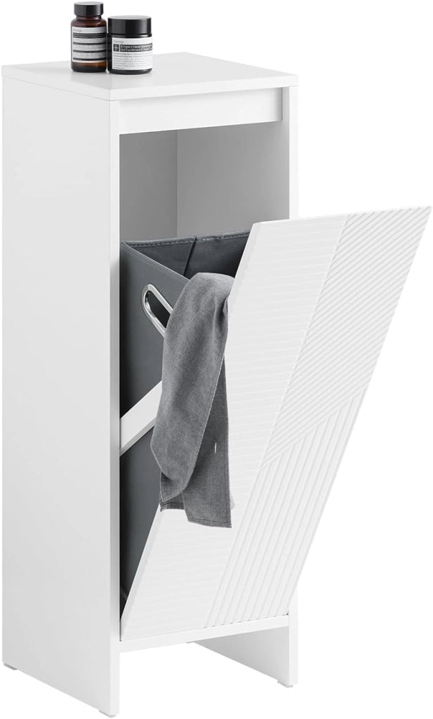 Mobile Bagno Salvaspazio con Cesto Portabiancheria – Armadietto Bagno Alto e Stretto in MDF Bianco con Ripiani Regolabili e Antiribaltamento Mobile Lavanderia 30x170x30 cm BZR158-W