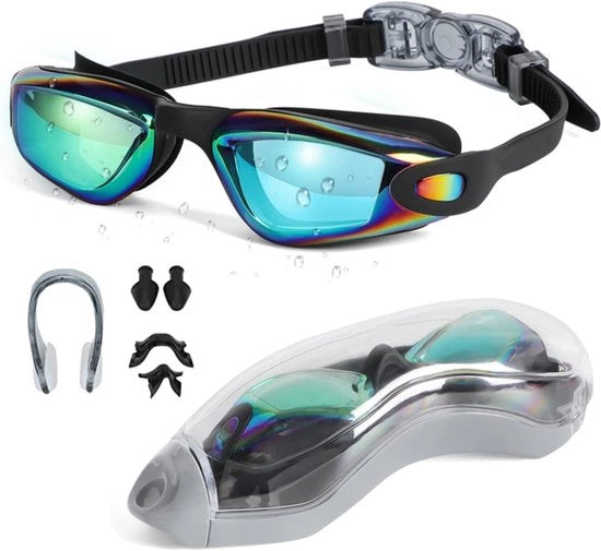 Zwembril unisex con protezione UV e anti-condens - vista chiara, chiusura nasale e orecchini protettivi