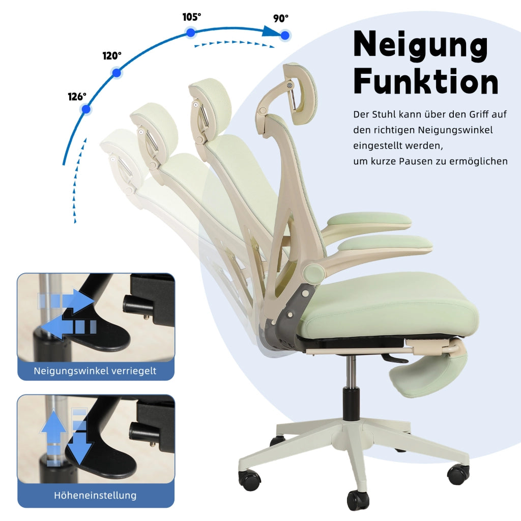 Sedia da ufficio pieghevole con supporto lombare e poggiatesta 3D, schienale reclinabile in schiuma verde