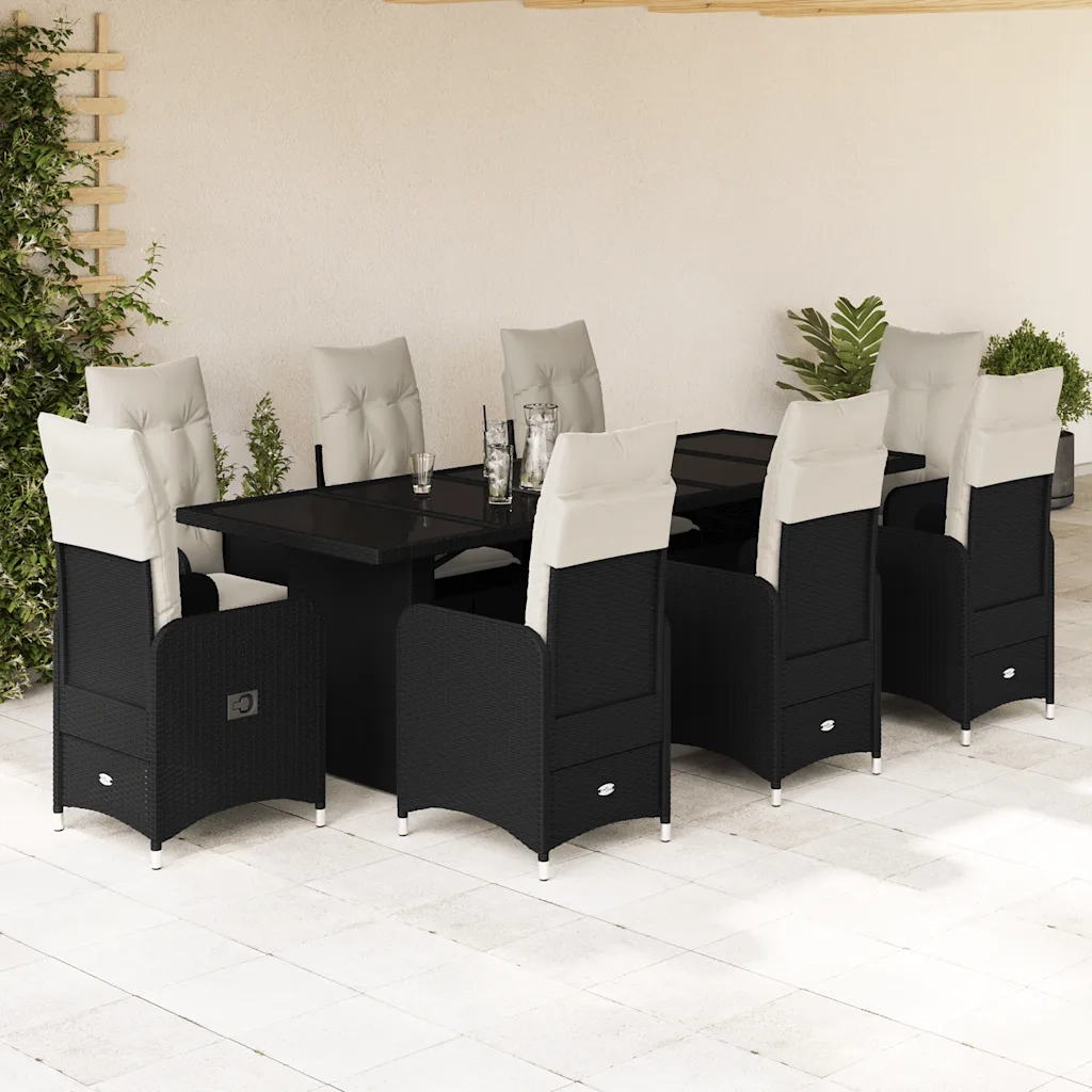 Set BistrÃ² da Giardino 9 pz con Cuscini in Polyrattan Nero