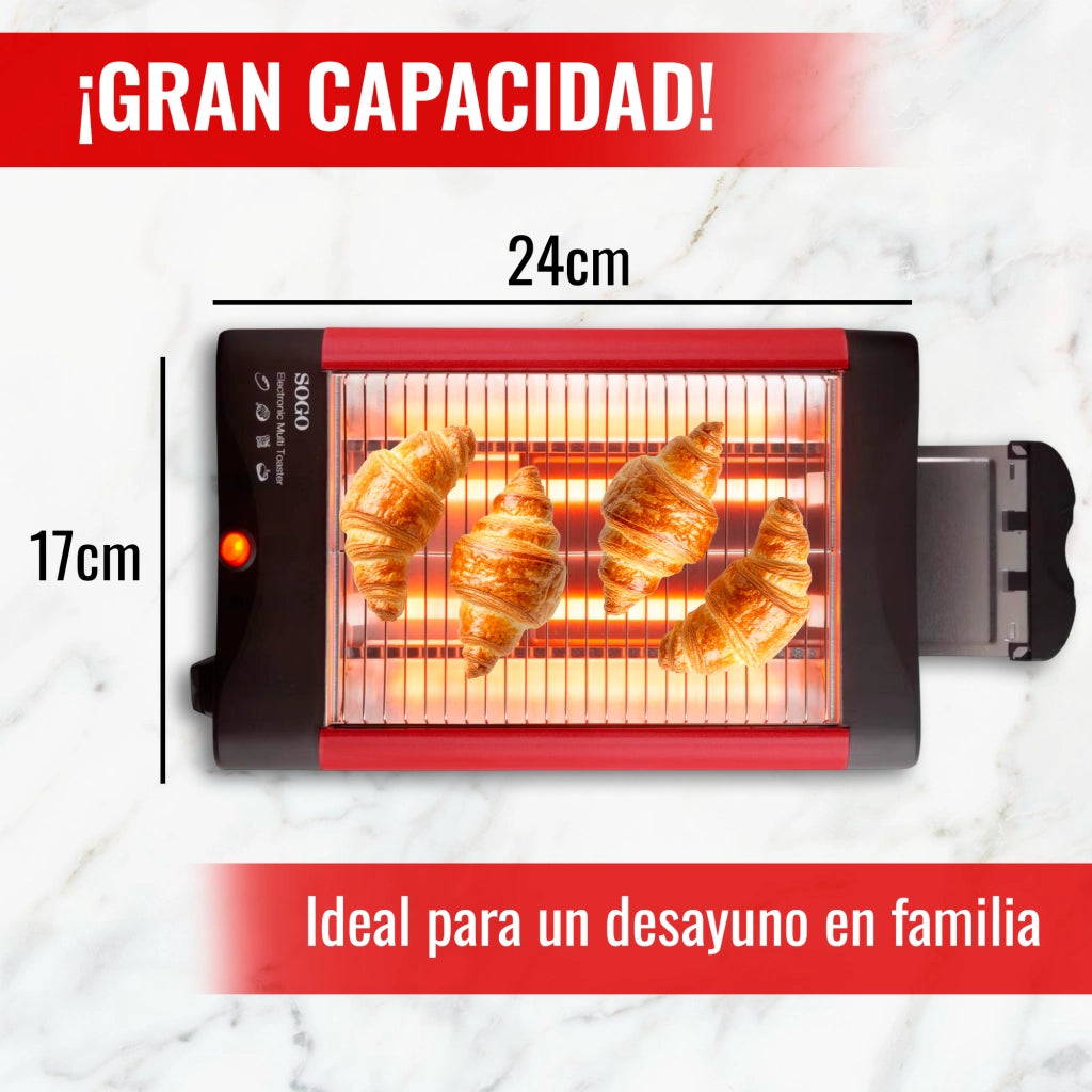 Tostapane elettrico orizzontale 4 fette, superficie tostatura 23x16cm, timer 5 minuti, 600W - SOGO