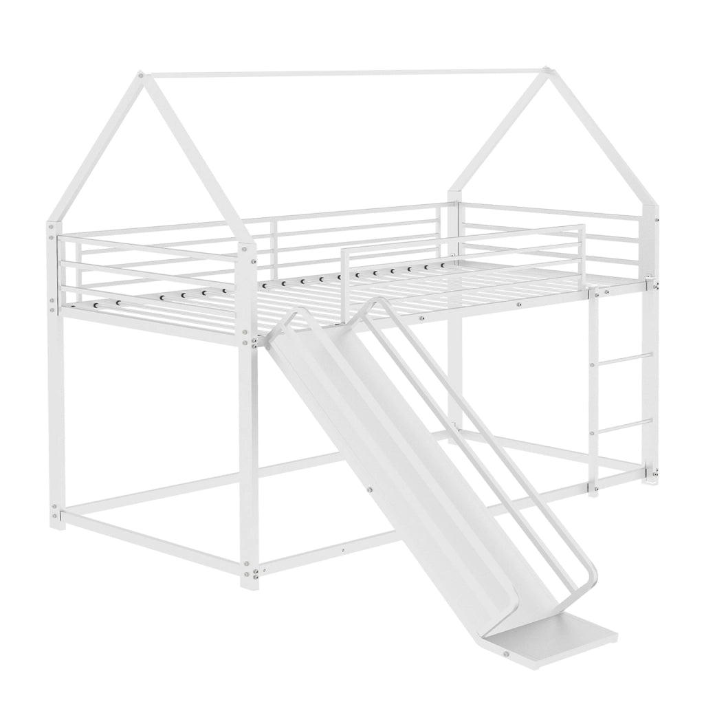 Letto a castello a casetta con scivolo e scala; metallo bianco; 90x190 cm; senza materasso