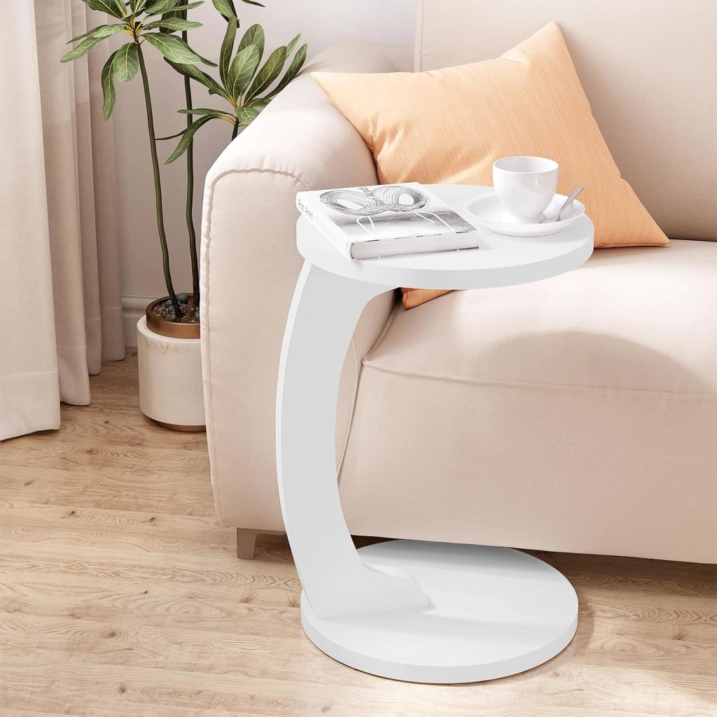 Tavolino Laterale da Divano a Forma di C, Tavolino con Piano Rotondo, Tavolino da Salotto in MDF, Tavolo da Caffè Tavolino Piccolo per Soggiorno, Camera da Letto, 38x55cm, Bianco, BTS20ws