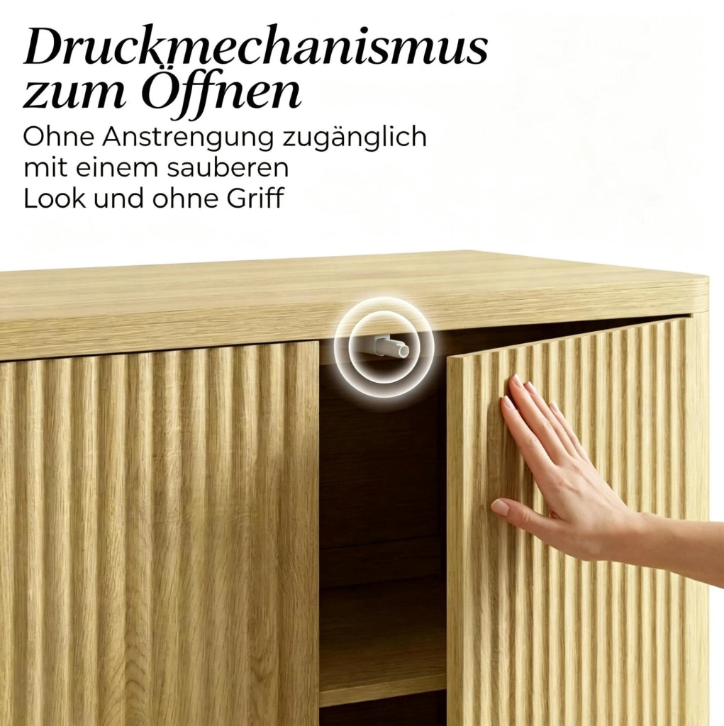 Sideboard 147x40x77 cm in MDF effetto rovere con ripiani regolabili e ante push-to-open