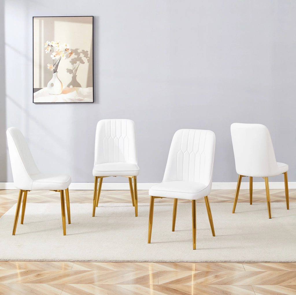 Sedia da pranzo in PU con schienale ergonomico; gambe in metallo; bianco e oro