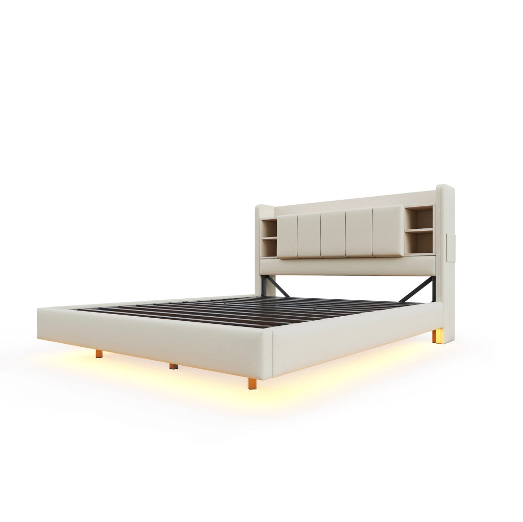 Polsterbett 140x200 cm con LED; USB; testiera ribaltabile e ripiani; beige