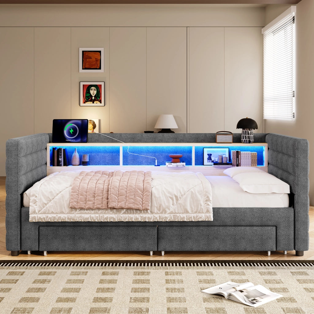 Divano letto 90x190 cm estraibile con LED; USB e Tipo-C in velluto e MDF grigio