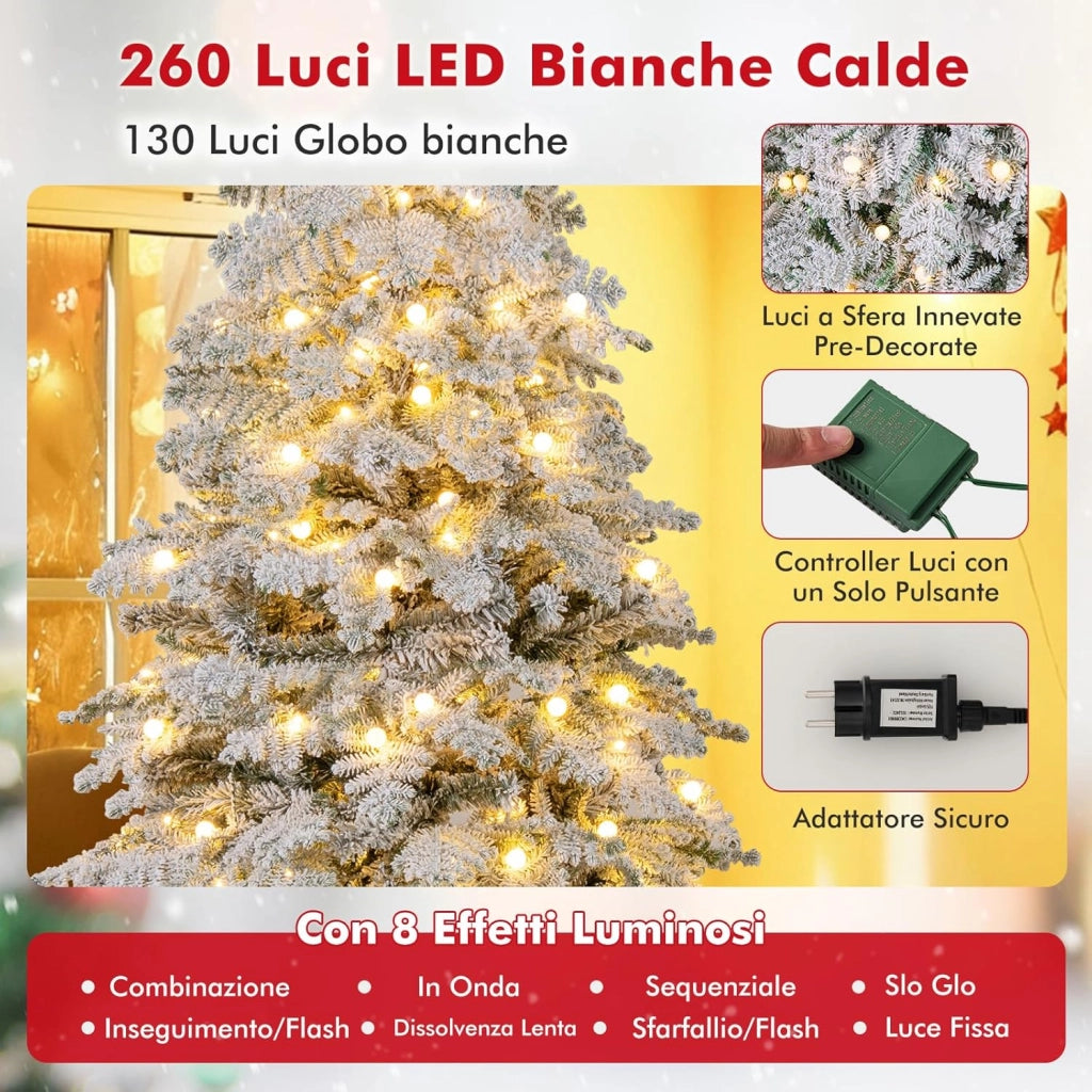 Albero di Natale Innevato 180/210 cm, Albero di Natale Artificiale con 260/320 Luci LED, 130/160 Palline, 616/806 Rami, 8 Modalità di Illuminazione, Decorazione Natalizia per Festa (180 cm)