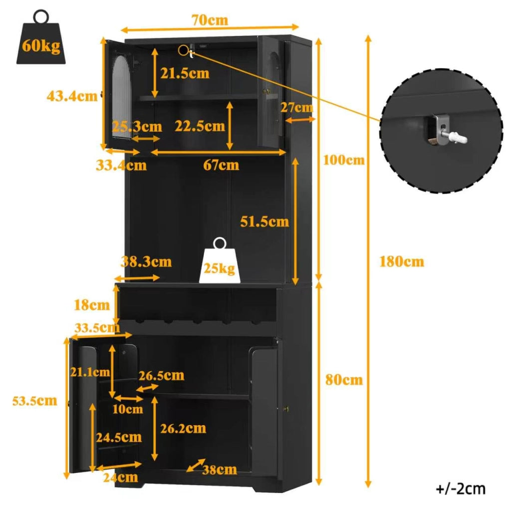 Credenza e madia set da 2 con LED RGB app, ante in vetro, portabottiglie e ripiani regolabili, nero 140 × 38,3 × 180 cm