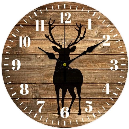 Orologio da parete con silhouette di cervo, orologio analogo decorativo non ticchettante di legno, orologio da parete stampato su MDF per casa, soggiorno, camera da letto, ufficio casalingo, decorazione, diametro 300 mm, marrone
