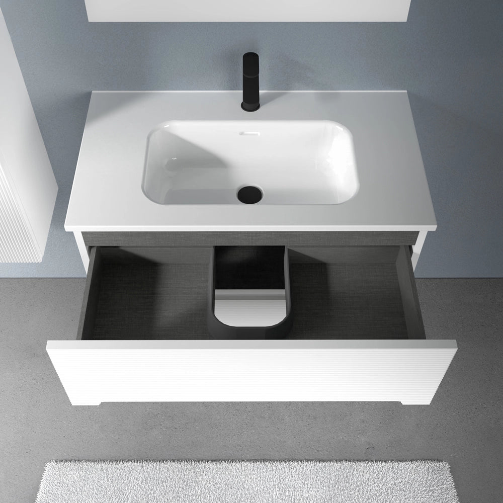 Mobile bagno sospeso 60 bianco cannettato 2 cassetti lavabo e specchio Rigo