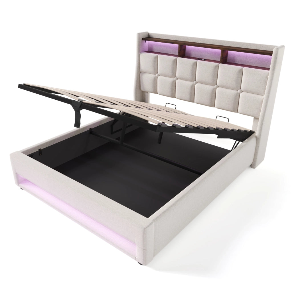 Letto matrimoniale imbottito 180x200 cm con LED e USB; stile vintage; lino beige