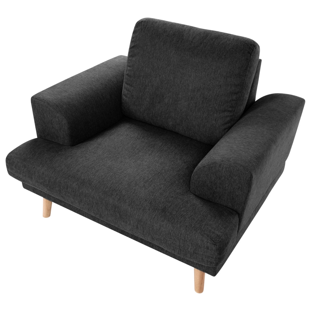 Set da salotto a 4 posti con divano in tessuto e poltrona braccioli svasati in stile moderno nero