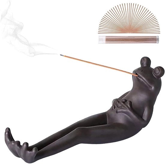 Sostegno di incenso - Stuzzo di incenso in forma di rana - Bruciatore di ceramica - Asse di sostegno - Decorazione divertente di rana - Accessori per la casa per yoga, meditazione, casa, ufficio - Sostegno di incenso di legno - 20,5x6x9cm