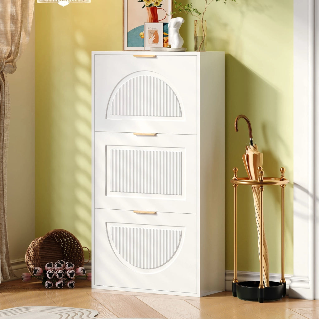 OKWISH Scarpiera con 3 Ribalte e Ripiani Regolabili, Design Moderno, per Ingresso, MDF, Bianco, 60×24×114 cm